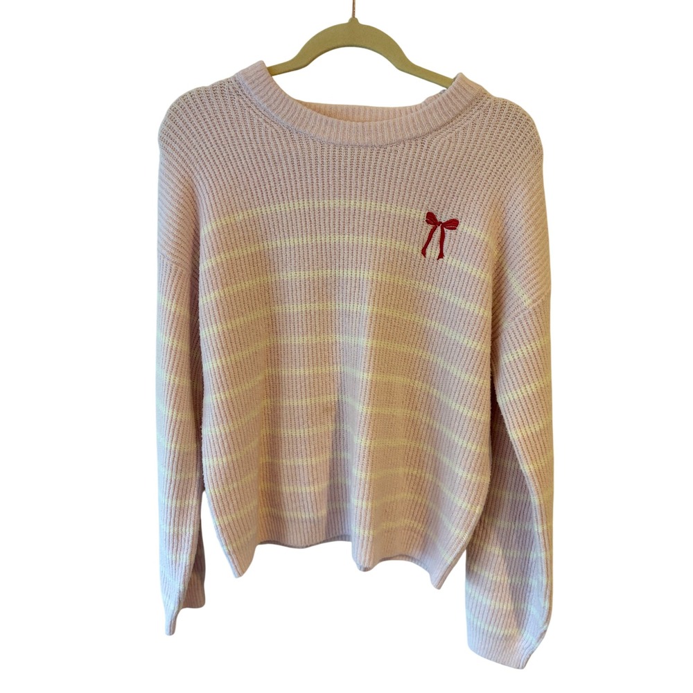 A New Day Pink Striped Crewneck Sweater Red Bow Embroidery Coquette Medium